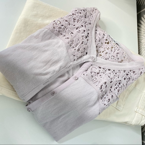 CAbi 184 S Lilac Lace Yoke Cotton Blend Cardigan Sweater - Picture 3 of 5